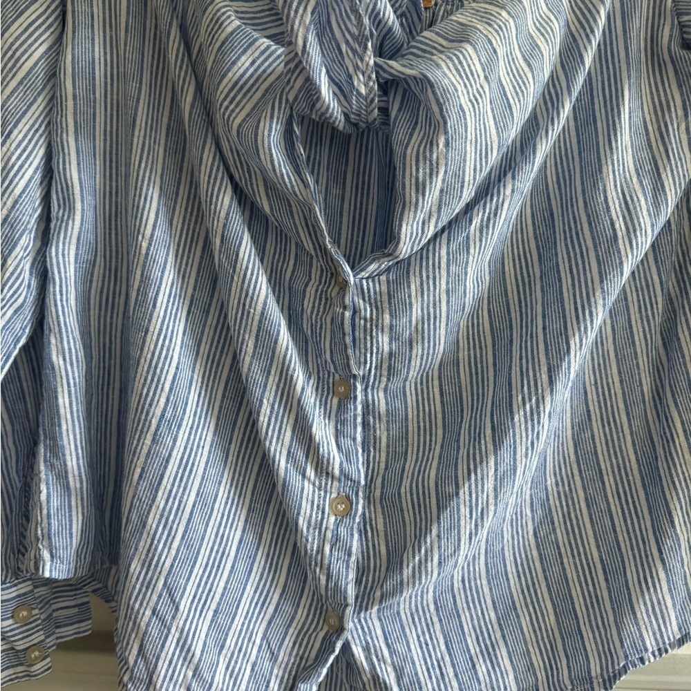FREE PEOPLE Women’s Hello There Beautiful Blue White Tie Off Shoulder Shirt - Picture 9 of 10
